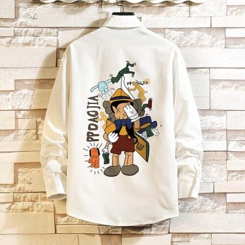 Plus Size 5XL-M Summer New Chemise Homme Fashion Back Print Long Sleeve Men Casual Shirts Front Pocket Loose Blouses Black/White