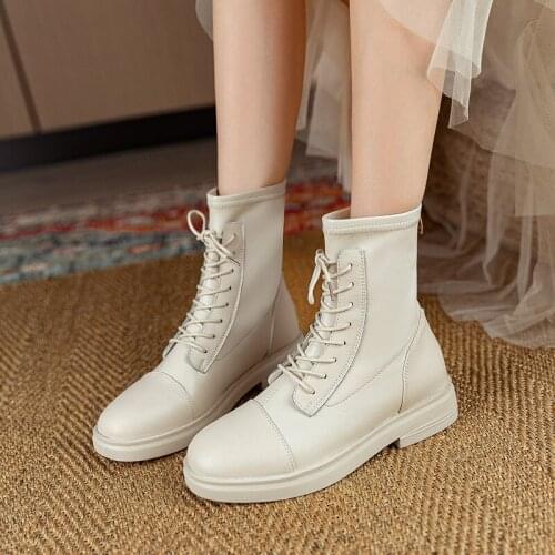 White Split Leather Ankle Boots Women Flat Chunky Platform Shoes Short Boots Fashion Female Ankle Booties Zapatos De Mujer ME18