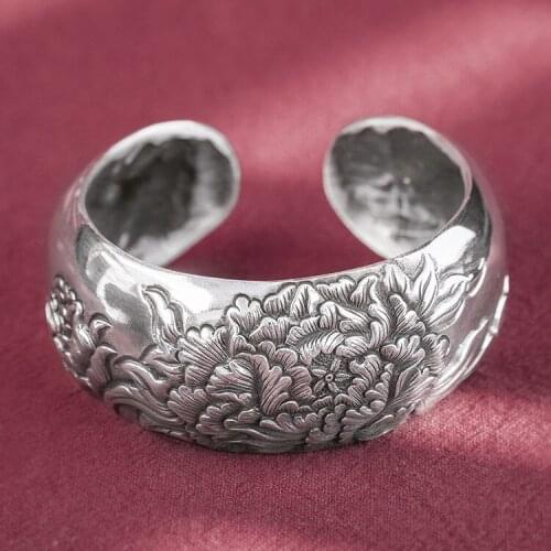 100g heavy solid 999 Sterling Silver Handmade Bangle Cuff Bracelet For Women Mom gift peony Flower Vintage Jewelry A5164