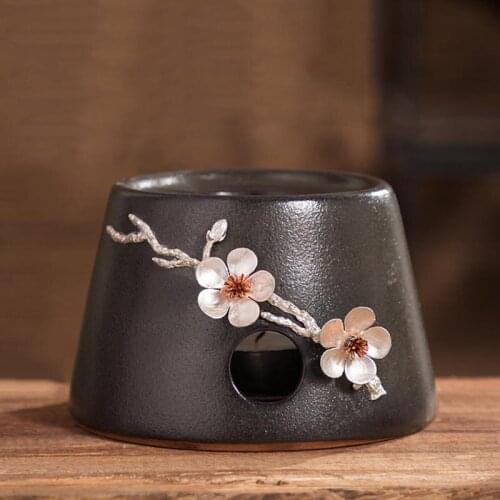 Black Zen Ceramic Candle Holder Inlay Tin Plum Blossom Decoration Teapot Heating Warmer Base Milk Coffee Water Warm Tea Stove