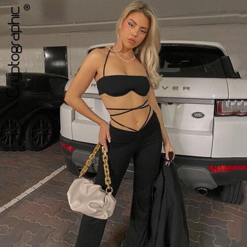 Cryptographic Sexy Bandage Backless Pant Sets Halter 2 Piece Set Sleeveless Womens Set Fashion Outfits Matching Set Flare Pants