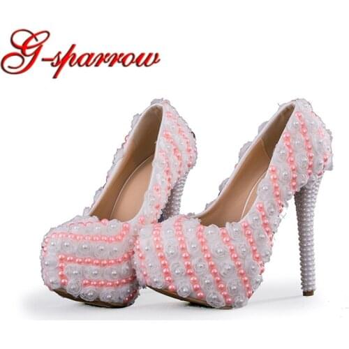 2018 Princess High Heels White Lace Wedding Bridal Dress Shoes Pink Pearl Adult Ceremony Pumps Bridesmaid Shoes Big Size 43 45