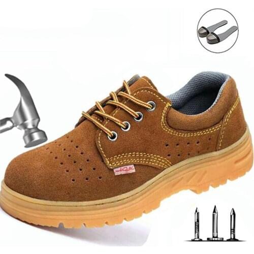 Labor Insurance Shoes Earthy Yellow Hole Breathable Protective Shoes Steel Toe Cap Anti-Smashing Anti-Piercing Beef Tendo