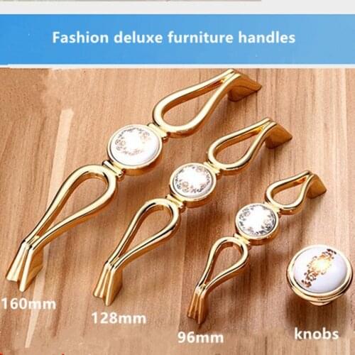 96mm 5" 6.3" fashion deluxe furniture handles white gold ceramic drawer cabinet knobs gold dresser wardrobe door handle 128mm