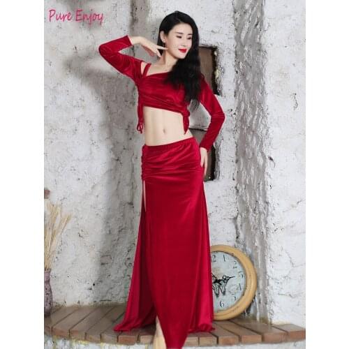 Competition Professional Belly Dance Costumes Women Belly Dance Set velvet long SlevesTop And Skirt 2pcs Dancers Suits