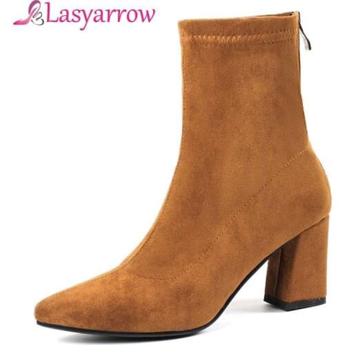 Lasyarrow Thick high Heels Pointed Toe Autumn Shoes Black Sock Boots Fashion Sexy Zipper Ankle Botas Mujer Short Martin Boots