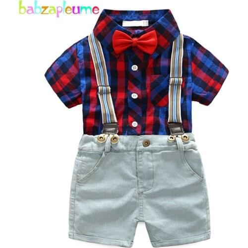 2PCS/3-7Years/Summer Kids Clothes For Baby Boys Suit Fashion Gentleman Bow Plaid Shirt+Jeans Shorts Children Clothing Set BC1179