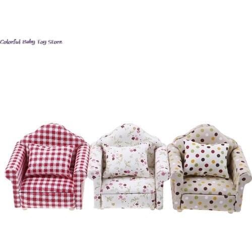 1:12 Doll House Furniture Dot Plaid Flower Chair Sofa With Pillow Sweet Furniture For Doll House Armchair Toys Gift