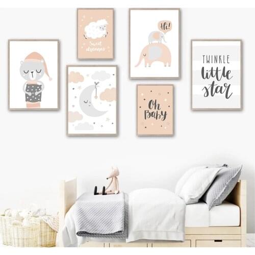 Cute Animal Sheep Elephant Painting Quotes Nursery Wall Art Print Cloud Moon Canvas Poster Nordic Wall Pictures Baby Room Decor