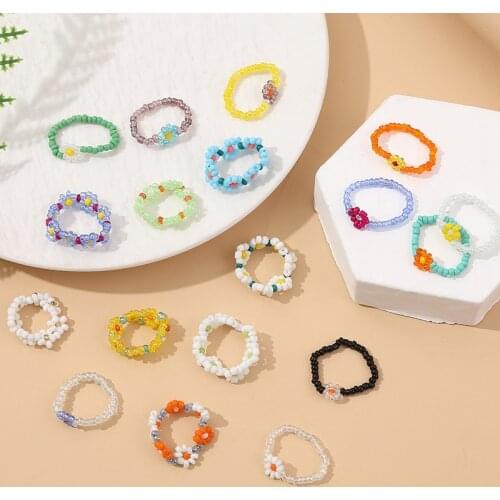 Korean Style Fashion Ladies Handmade Beaded Multicolor Glass Beads Flower Rings For Women Elastic Rope Adjustable Ring Jewelry