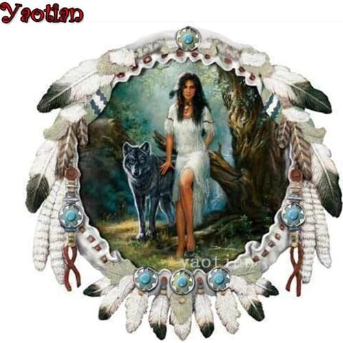 5D DIY Diamond Painting Set Diamond Mosaic Indian Woman Wolf And Feathers Picture Of Rhinestone Embroidery Cross Stitch Kit New