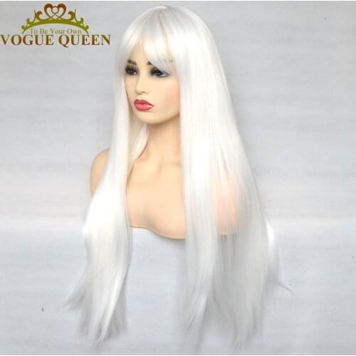 Vogue Queen Platinum White Synthetic Silky Straight Full Machine Made Wigs Heat Resistant Fiber Cosplay For Women