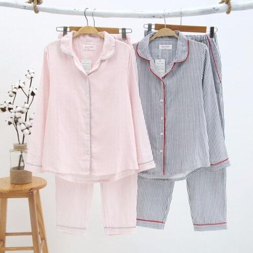 Women’s Pajamas 2 layer Gauze 2 piece set Cotton lady Long-sleeved striped style soft comfortable Home Cloth