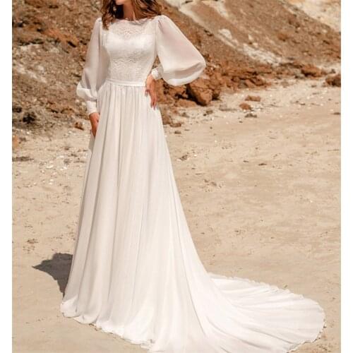 Empire Romantic Soft Lace Chiffon Bridal Gown A-Line Long Sleeve Wedding Dress Boat Neck vestidos de mairee Wedding Dress