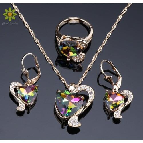 Heart Mystic Rainbow Zircon Gold Color Jewelry Set For Women Wedding Accessories Earrings/Pendant/Necklace/Rings