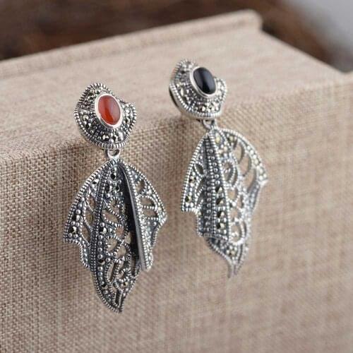 FNJ 925 Silver Earrings Leaf Black Red Agate New Fashion Original S925 Sterling Silver Drop Earring for Women Jewelry