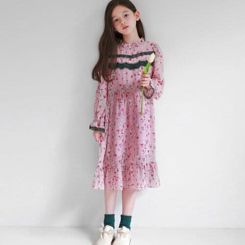 2019 Pink Flowers Printed Chiffon Dress Girl Sweet Flower Flare Sleeve Long Dresses Ruffles Teenager Chiffon Dress LZ519