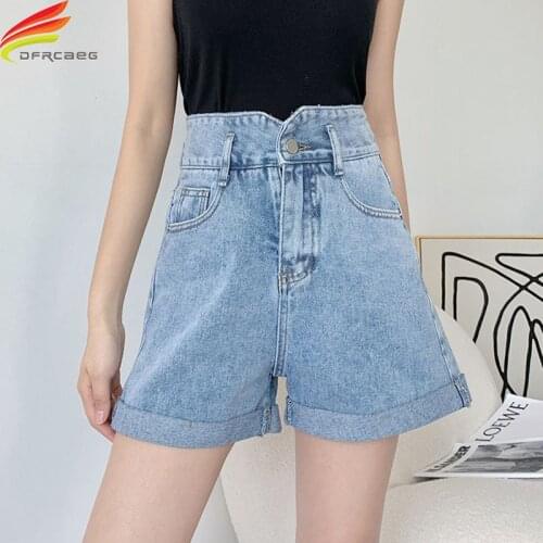 Summer 2021 Denim Shorts Women High Waist Wide Leg Loose Blue Or White Crimping Pockets Shorts Jeans Streetwear short femme