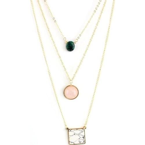 Light Yellow Gold Color Multi Layer Square White Howlite Stone Pendant Round Rose Pink Quartz Necklace Charm Jewelry