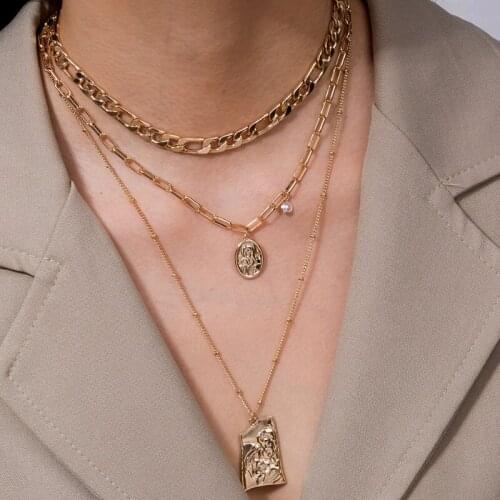 Temperament Women Metal Embossed Buddha Head Pendant Multilayer Necklaces for Friends Gifts Party Jewelry Accessories