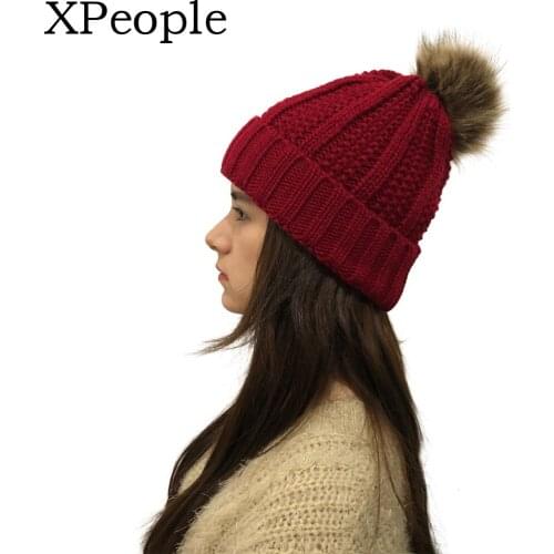 XPeople Unisex Skull Cap Cuffed Pompom Beanie Hats Knit Thick Ski Cap for Women Chunky Hats Winter Knit Hats