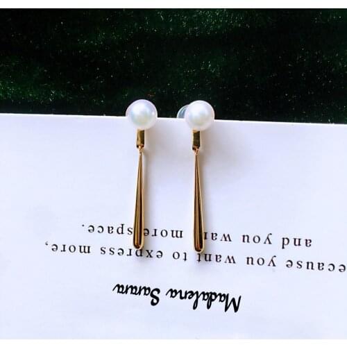 MADALENA SARARA 18K Gold Women Earrings Long Drop Style Saltwater Pearl Perfect Round 7-7.5mm