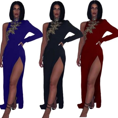 One Shoulder Sexy Party Long Dress Women Long Sleeve High Split Flowers Embroidery Slim Dresses Night Clubwear Summer Clothings