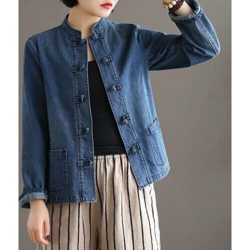 2021 New Arrival Spring/autumn Women Casual Loose O-neck Long Sleeve Coat Embroidery Cotton Denim Single Breasted Coats W615
