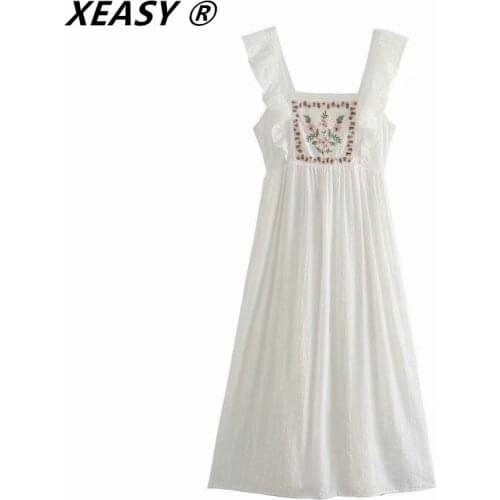 XEASY Za 2021 Women Vintage Floral Embroidery Ruffles Sling Midi Dress Chic Female Sleeveless Back Bow Tied Mujer Vestidos