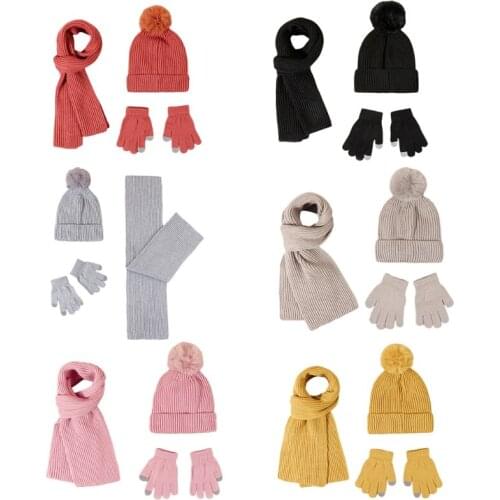 F42F Baby Winter Hat Warm Scarf Gloves Set Pompoms Knitted Beanie Scarves for Toddler Girl Boy Girls Winter Hat Kids Beanie