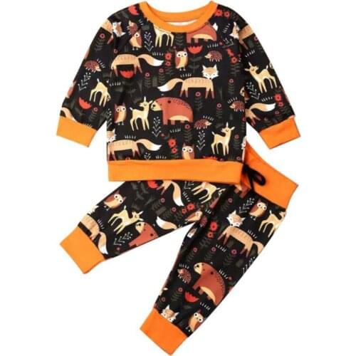 Spring Kids Boys Girls Clothes Set Comfort Soft Round Collar Long Sleeve Animal Print Autumn FashionTops and Pants
