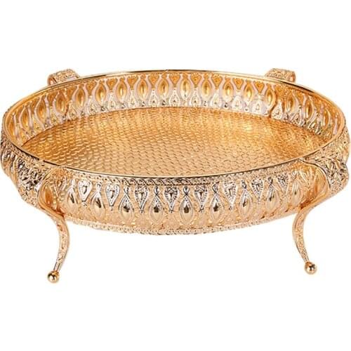 Hot YO-Home Food Tray Creative Vintage Fruit Plate Table Snack Iron Storage Box Oval Tray Gold Fruit Basket Desk Decor
