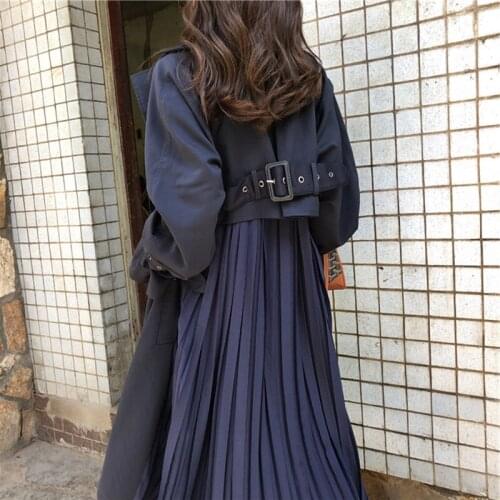 2019 Fashion Womens Trench Coat Long Spring Coats Female Pleated Chiffon Splice Outwear Loose Trench Coat for Women Thin