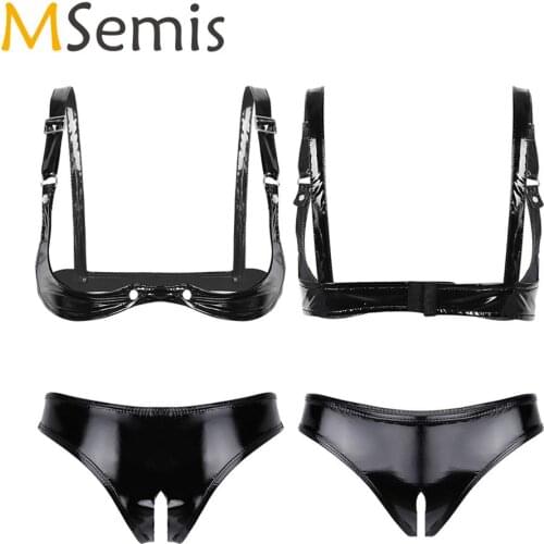 MSemis Womens Wet Look Patent Leather Lingerie Set Strapless Open Cup Bra Push Up Bra Top Crotchless High Cut Briefs Underwear