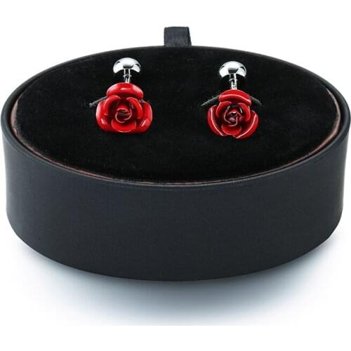 DY New Mens French Cufflinks black leather box set men and women fashion Valentines red rose Cufflinks Gift Set FREE SHIPPING