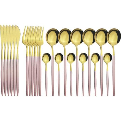 24Pcs/Set Pink Gold Cutlery Set Knives Forks Tea Spoons Dinnerware Set Stainless Steel Tableware Set Home Kitchen Silverware Set