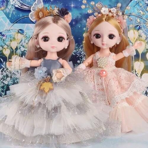 New BJD Doll and Dress 1/12 Joint Movable 16 Cm Cute Fashion Wedding Dress Dress Up Doll Girl with Magnet Toy Gift on The Feet