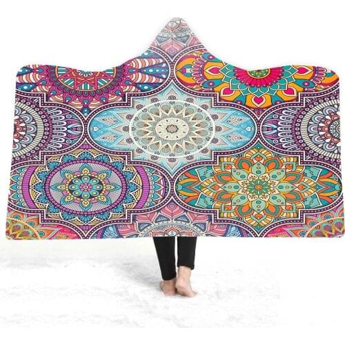 Mandala Flower Hooded Blanket for Adults Colorful Gothic Sherpa Fleece Wearable Throw Blanket Microfiber Blanket