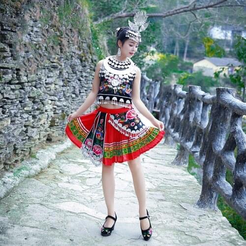 Hmong Clothes Spring Summer Ethnic Style Embroidery Short Pleated Skirt Miao Silver Hat Photography Stage Dance Miao Clothing