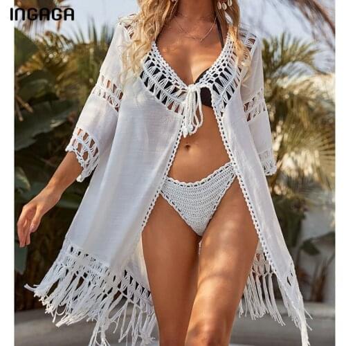 INGAGA Knitted Sexy Beach Dress Tassel Dresses Woman Summer 2021 Hollow Out Bikini Cover Up Long Sleeve Beachwear Summer New