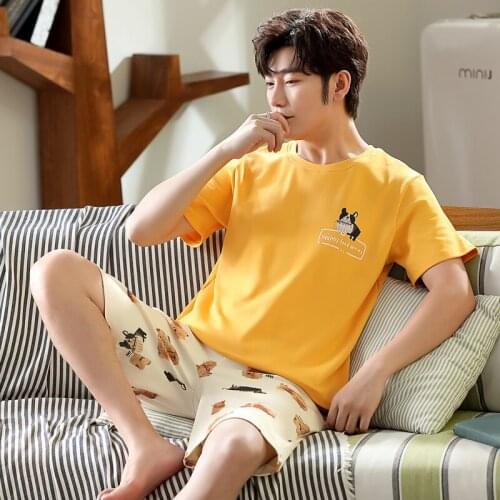Pajamas Sets For Men Summer Short Sleeve Shorts Cotton Soft Home Wear Korean Simple New Fashion Yellow Cartoon Print Sleepwear