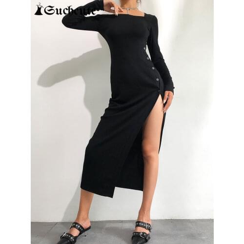 SUCHCUTE Black Open Dress For Women One Shoulder Modies Autumn 2019 Ladies Sukienki Dresses Roupas Feminina Female Party Night