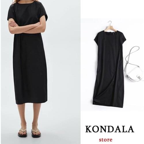 KONDALA Women Za Black Solid Dress O-Neck Short Sleeve Mid Dress Cotton Summer 2021 Oversize Elegant Mujer MD Vestidos
