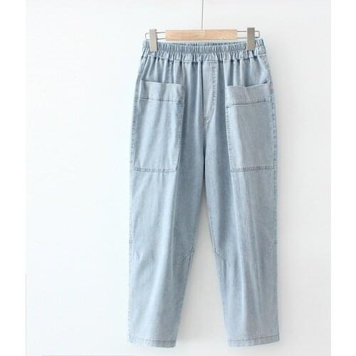 Plus Size XL-4XL Womens Blue Stretchable Jeans Elastic Waist Light Denim Slim Ankle Pants with Pockets