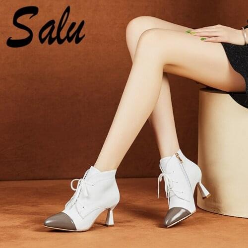 Salu Top Quality Boots Women Ankle Boots Strange High Heeled Autumn Winter Wedding Party Shoes Woman Lace-up Shoes