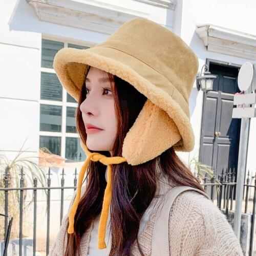 Fashion Winter Women Thick Bucket Hats with Earmuffs Lamb Wool Warm Ear Protector Fisherman Hat Autumn Plush Velvet Panama Caps