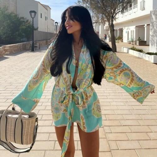 Fashion Floral Paisley Printed Women Long Wrap Blouse with Bowknot High Waist New Spring Summer Kimono Beach Holiday Chic Shirt