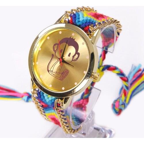 Gnova Platinum Rainbow Geneva Watch Women Little Funny Monkey wristwatch Lace Chain Braid Girl Teen Fabric Retro Ethnic A006