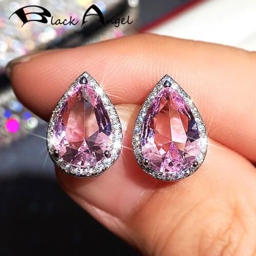 BLACK ANGEL 925 Silver Water Drop Shaped Luxury Pink Tourmaline Gemstone Stud Earrings For Women Jewelry Christmas Gift