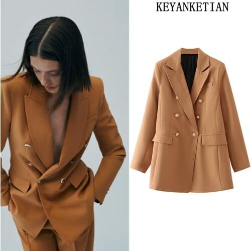KEYANKETIAN ZA Womens blazer camel-colored metal buttons double-breasted pocket dress jacket office lady blazer top